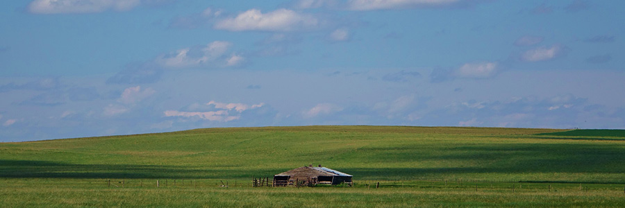 Image of an old barn in a big green field under a big blue sky