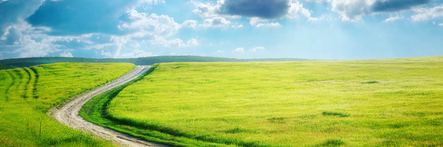 image of a road travelling over a hill, green grass and blue sky