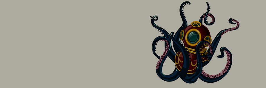 Illustration of an octopus in vintage diving gear