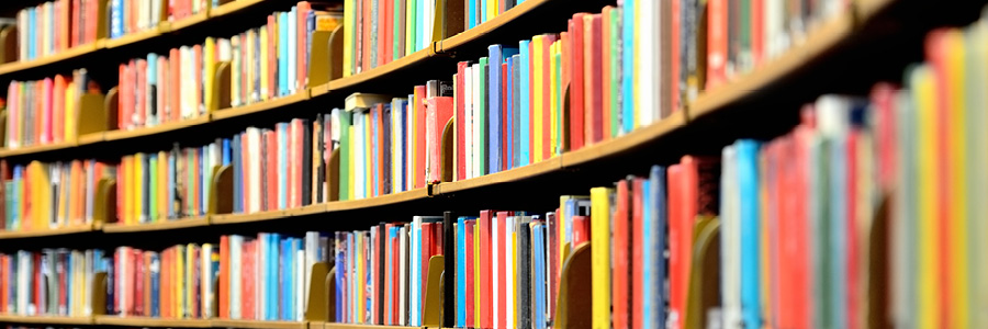 shelves of colorful library books